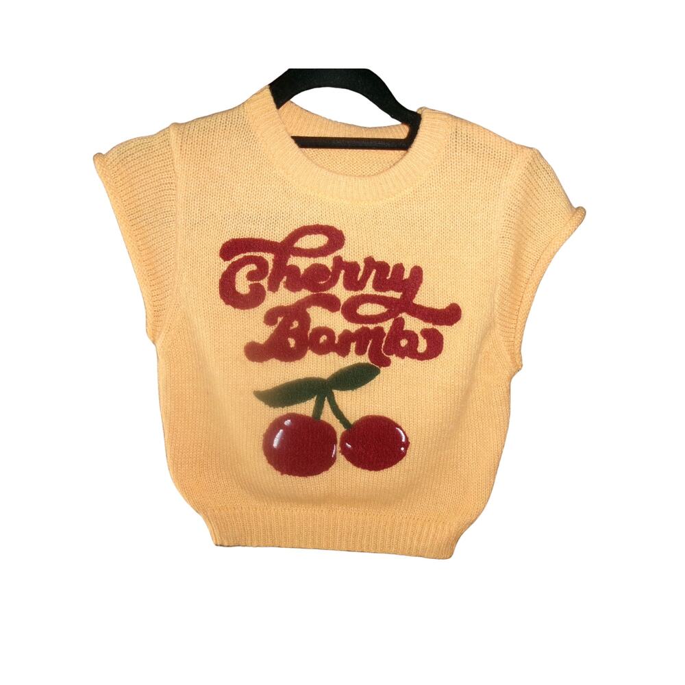 Cherry Bombs Sweater Vest Yellow Red Cherry Graphic Y2K Women's S/M